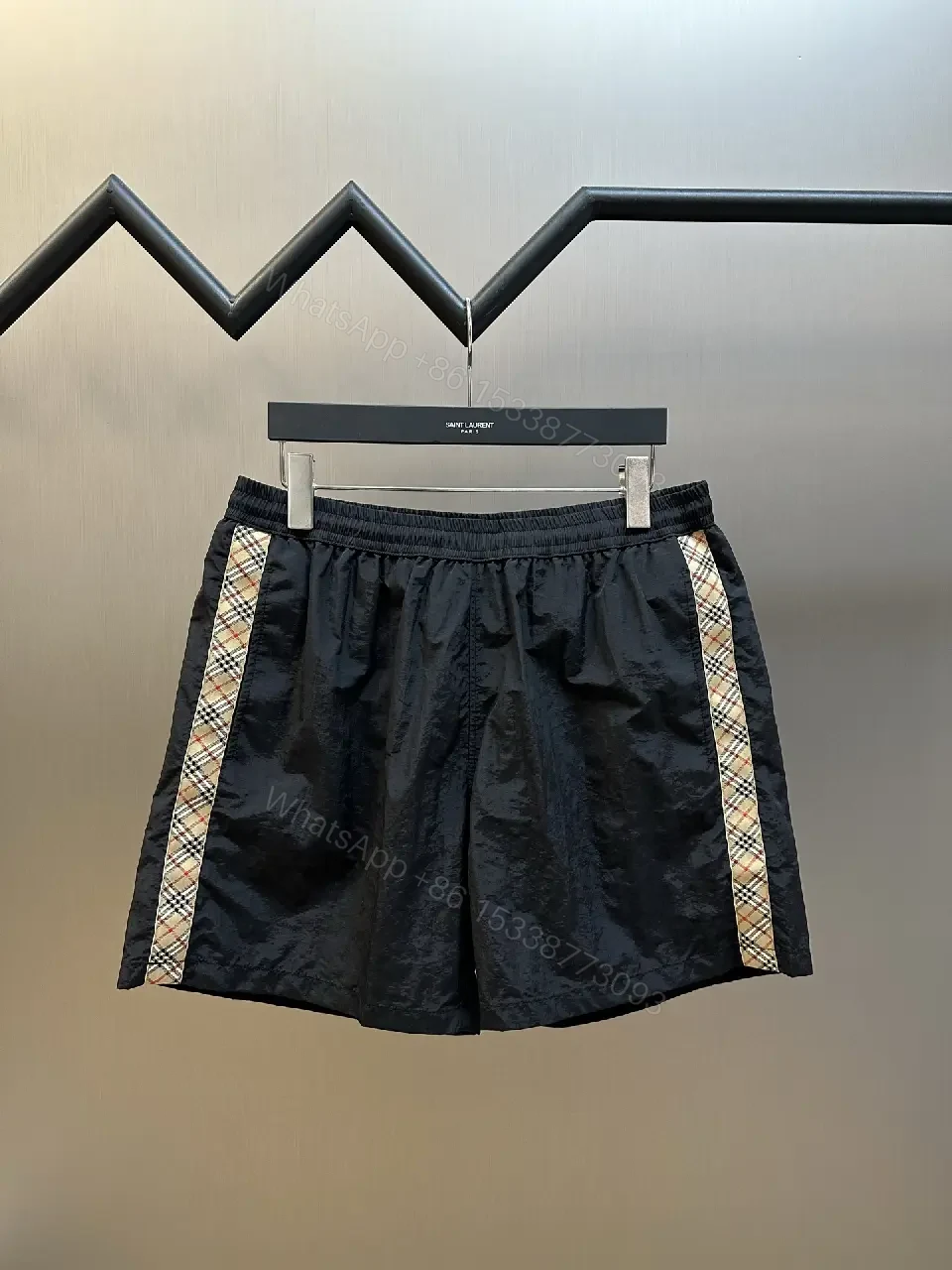 View 2 of Black Nylon Shorts Burberry Plaid Side Stripes Casual Elastic Waist Shorts