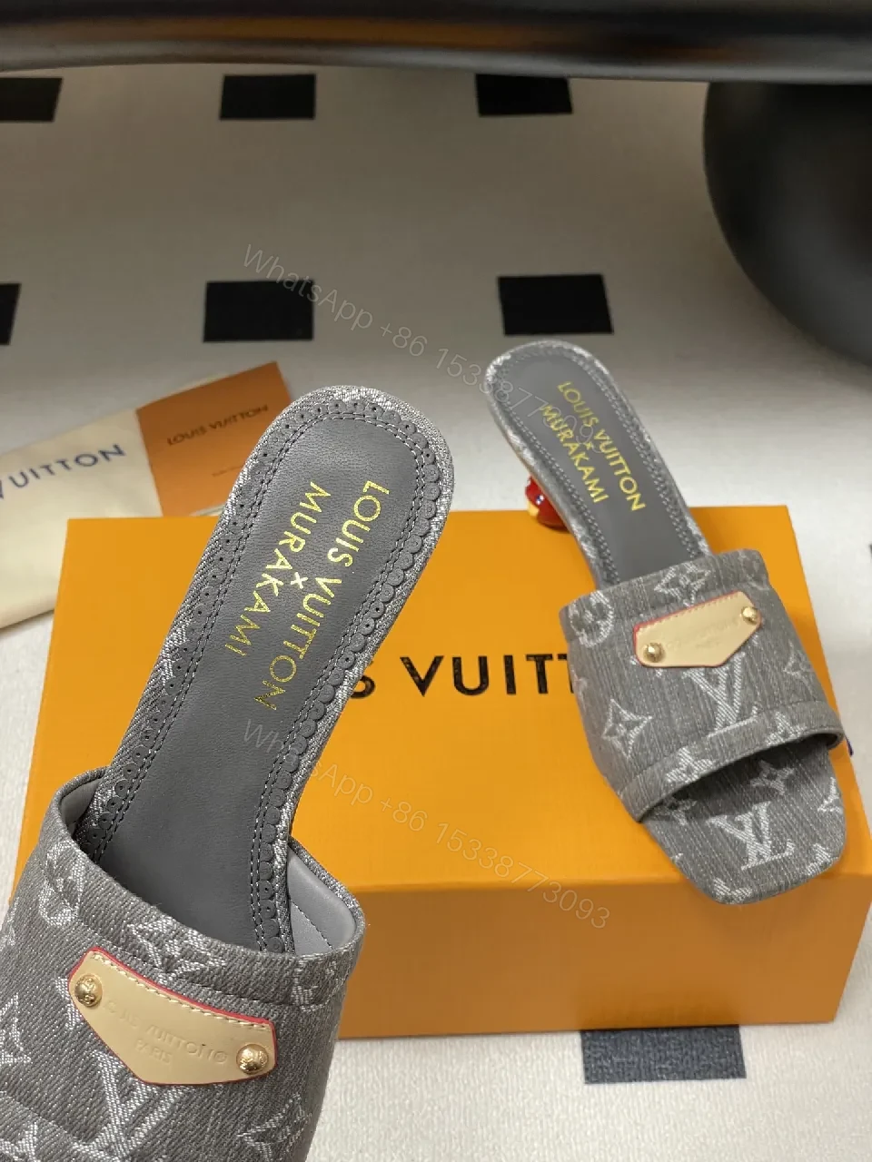 View 8 of Grey Velvet Monogram Mules with Leather Accents: Elevated Comfort