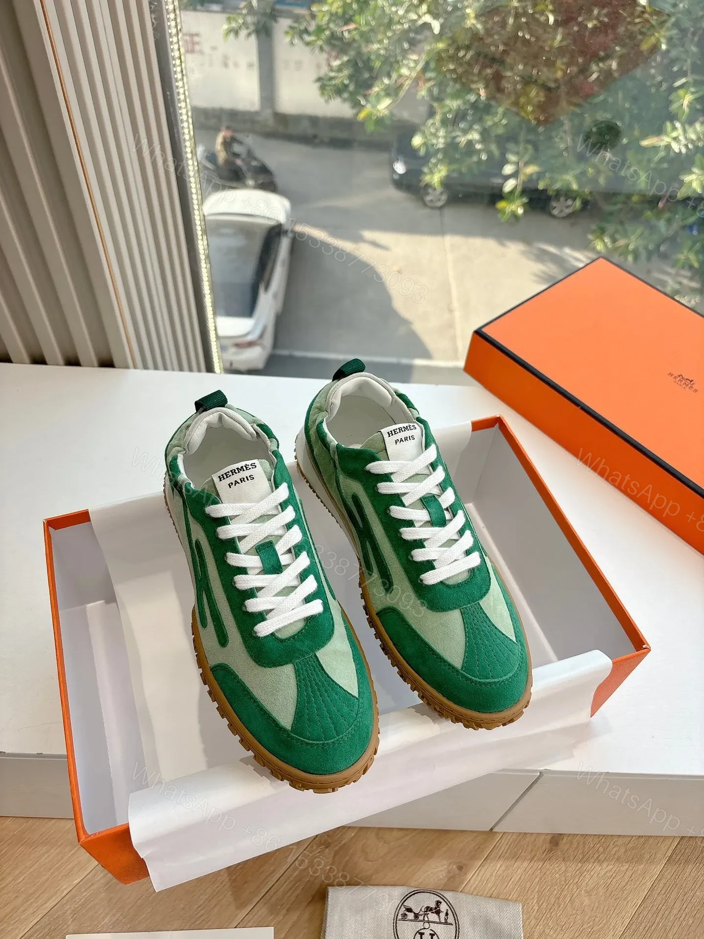 View 3 of Hermes Women Green Suede Canvas Sneakers