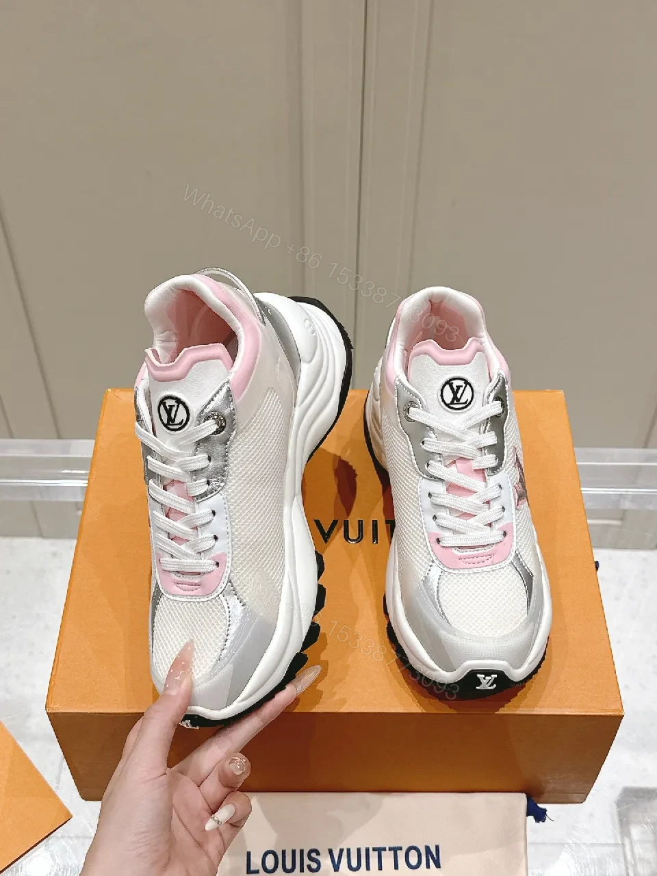 View 4 of White Pink Luxe Sneakers with LV-Style Detailing