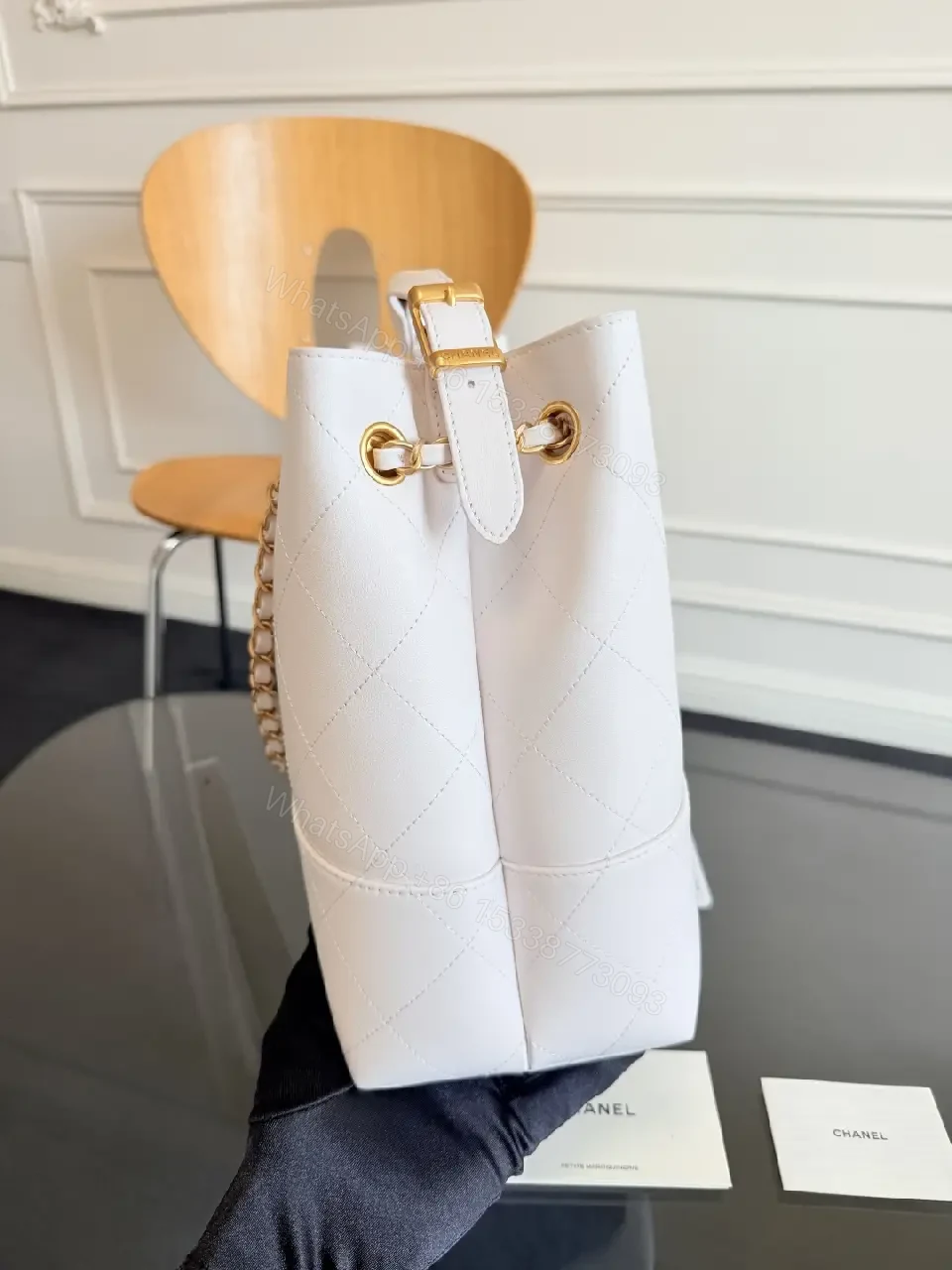 View 4 of White Quilted Tote, Gold Chain, Structured, Luxury Everyday Tote
