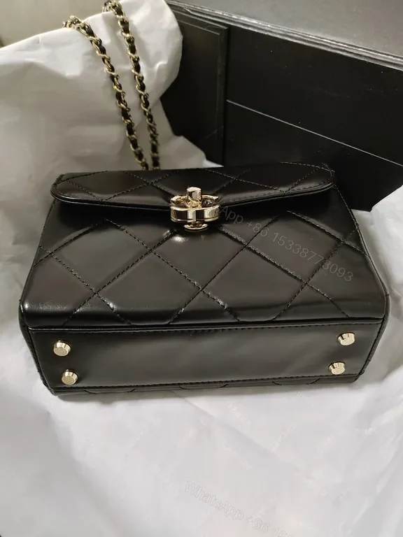View 6 of Chic Quilted Black Leather Handbag, Gold Chain, Compact