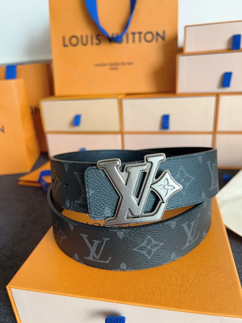 Lux Slim LV-Pattern Belt: Monogram Leather, Silver Buckle, Modern Style — view 1