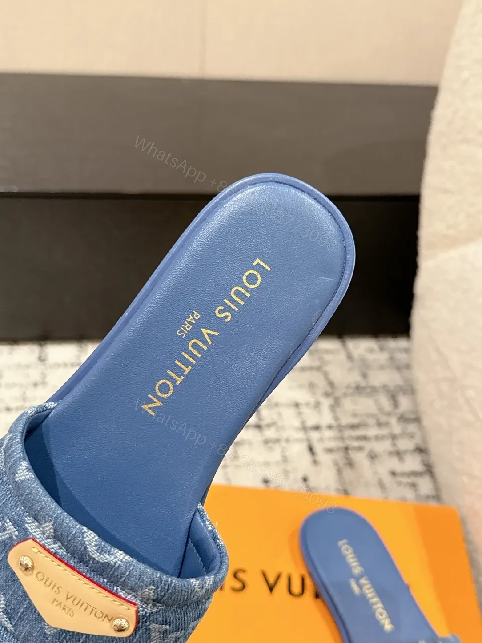 View 9 of Denim Monogram Slide with Gold Plaque: Modern Luxe Comfort