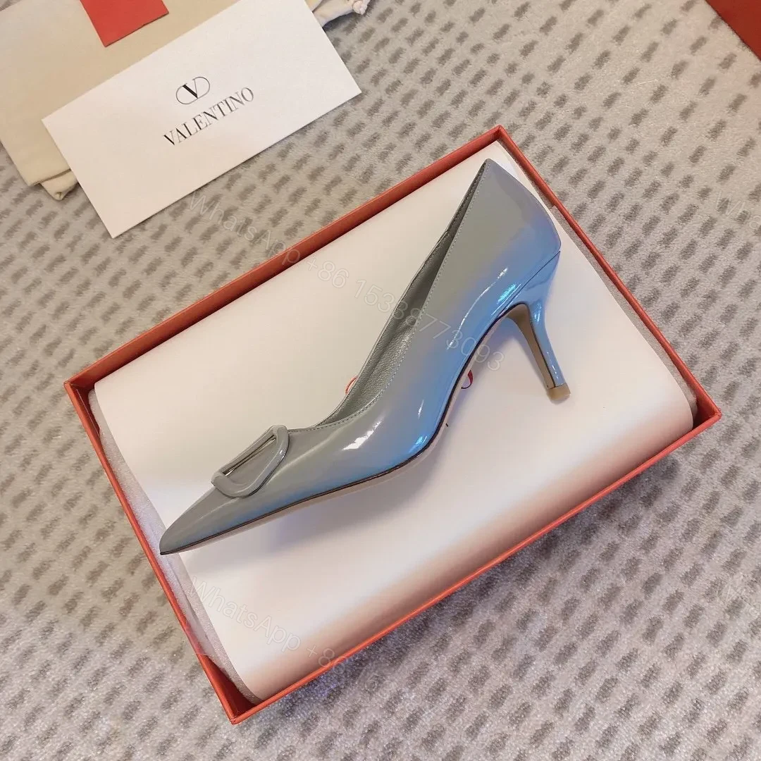 View 2 of Valentino Women Gray Patent Leather Pointed Pumps
