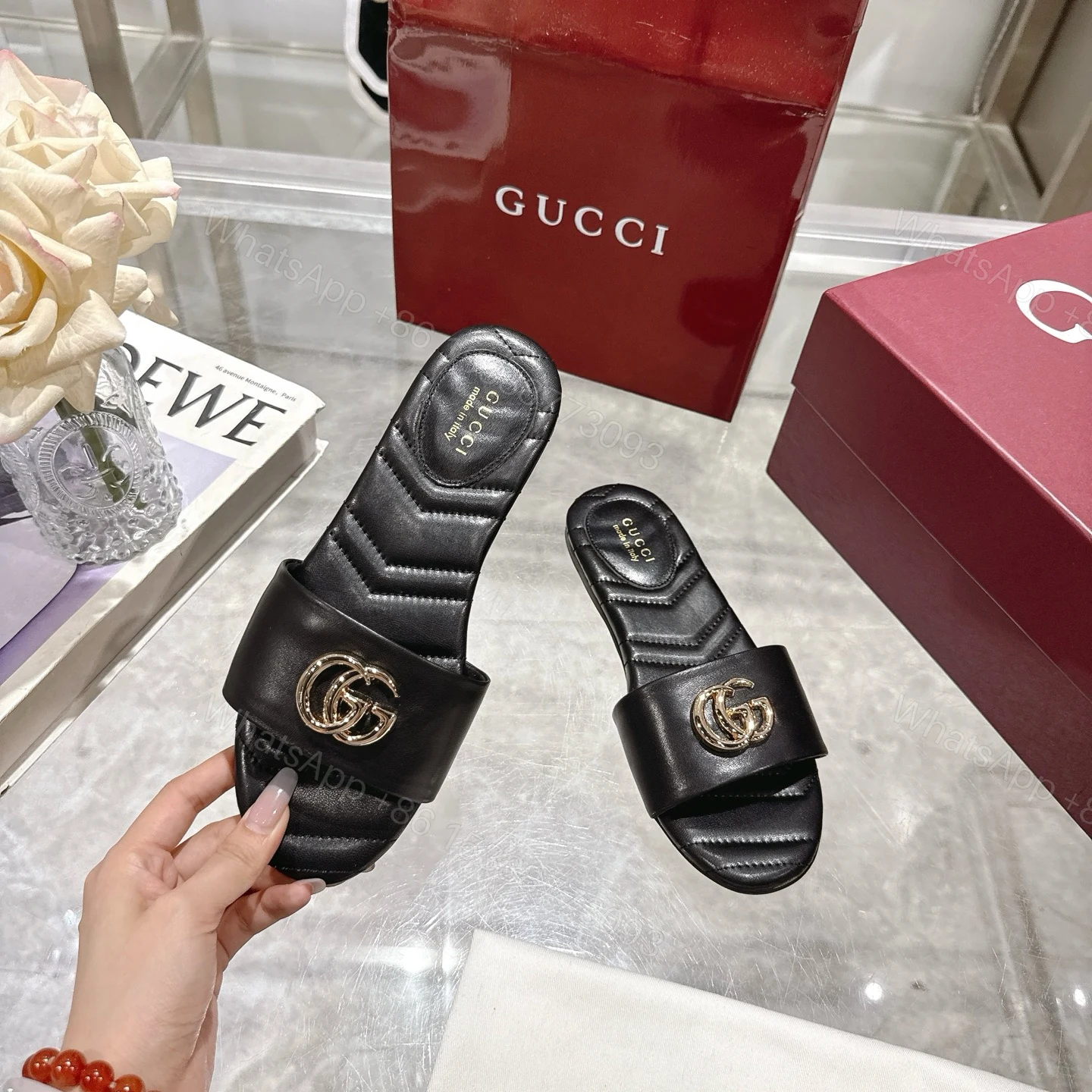 View 3 of GUCCI WOMEN SLIDE SANDAL WITH DOUBLE G BLACK ‎832449 BKO00 1000