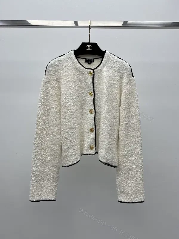 Off-White Bouclé Cropped Jacket with Gold Button Trim — view 1