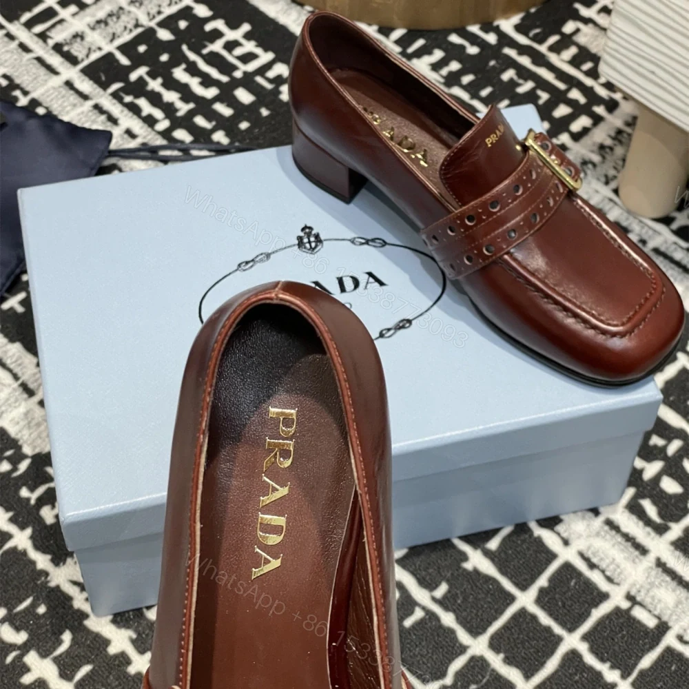 View 6 of 高仿Prada*1D831B方頭套腳樂福鞋3.5CM小牛皮棕色免檢版