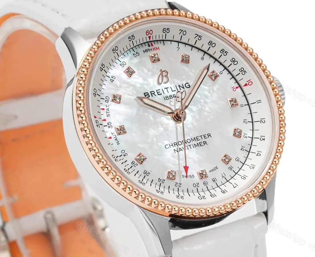 View 5 of JF Factory Breitling Women’s Navitimer Automatic Chronograph Watch – White Mother-of-Pearl Dial, Stainless Steel Case, White Leather Strap