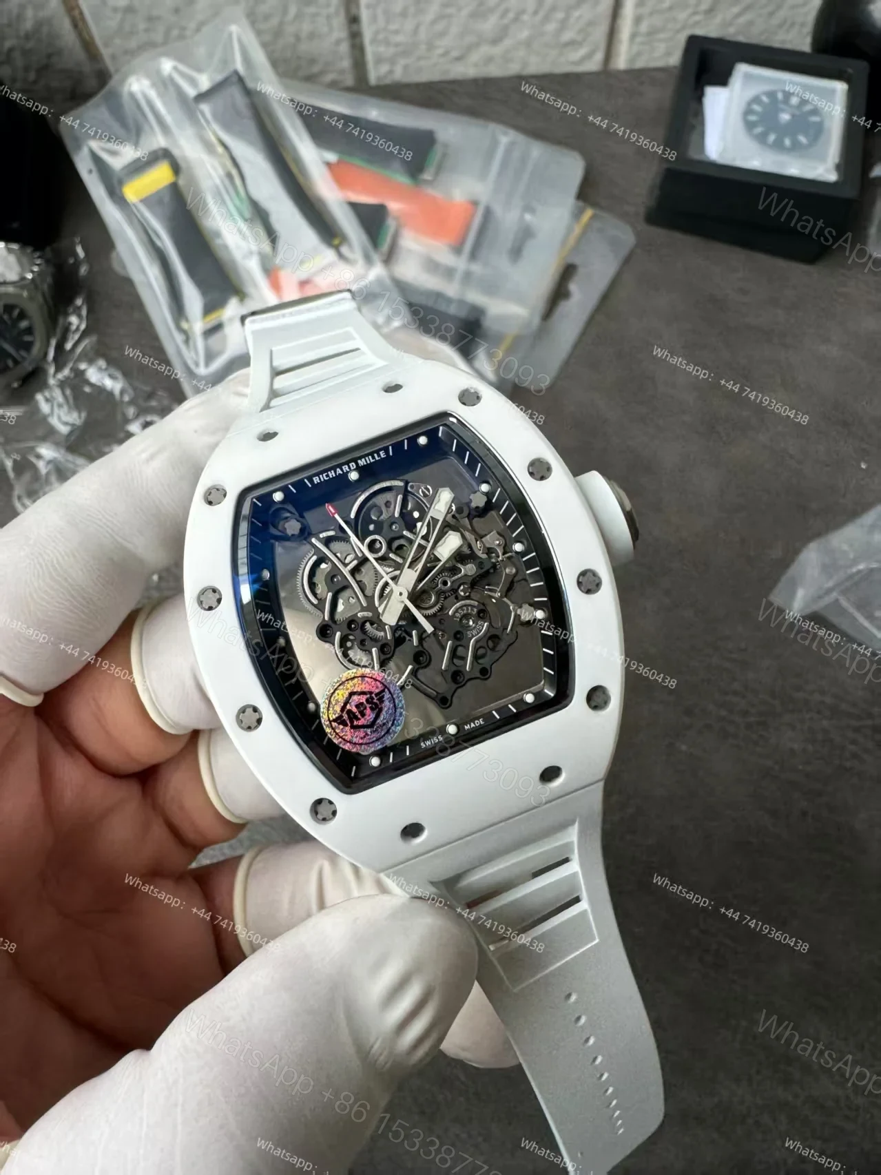 View 5 of Super Clone Richard Mille RM 055 White Ceramic Titanium Skeleton White Rubber Strap 1:1 Replica Watch