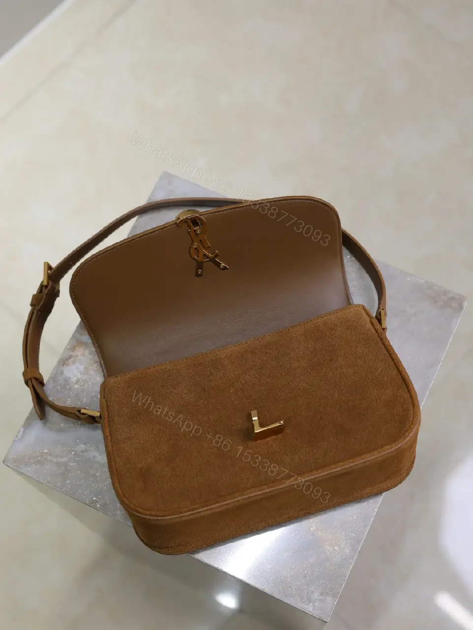 View 8 of Textured Suede Shoulder Bag with YSL Hardware Luxury Compact Bag