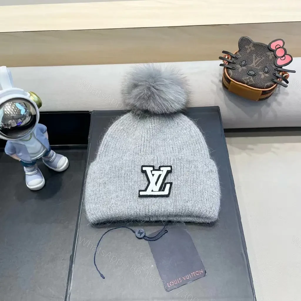 Cozy Gray Knit Beanie with LV Emblem Accent — view 1