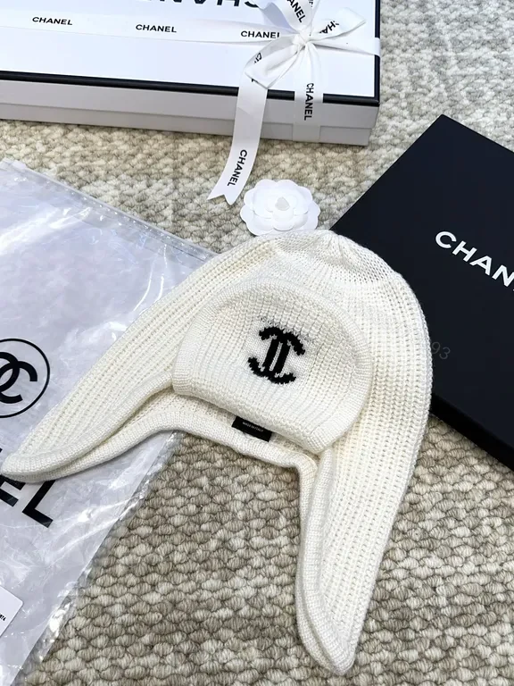 View 6 of Ivory Merino Knit Ear Warmer Hat - Luxe Logo Emblem
