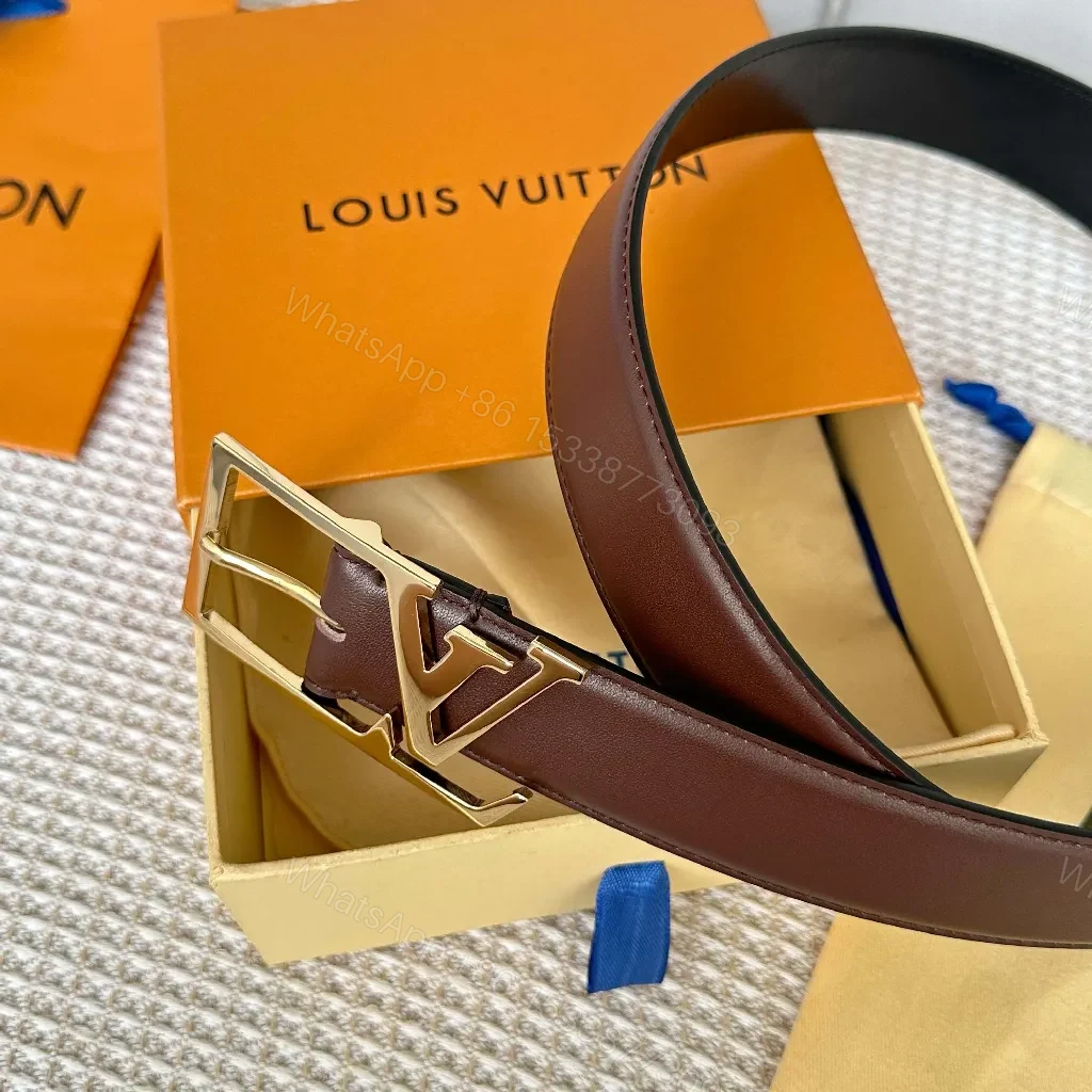 View 5 of Brown Leather Belt with Gold Buckle - Luxury Classic Style, Premium