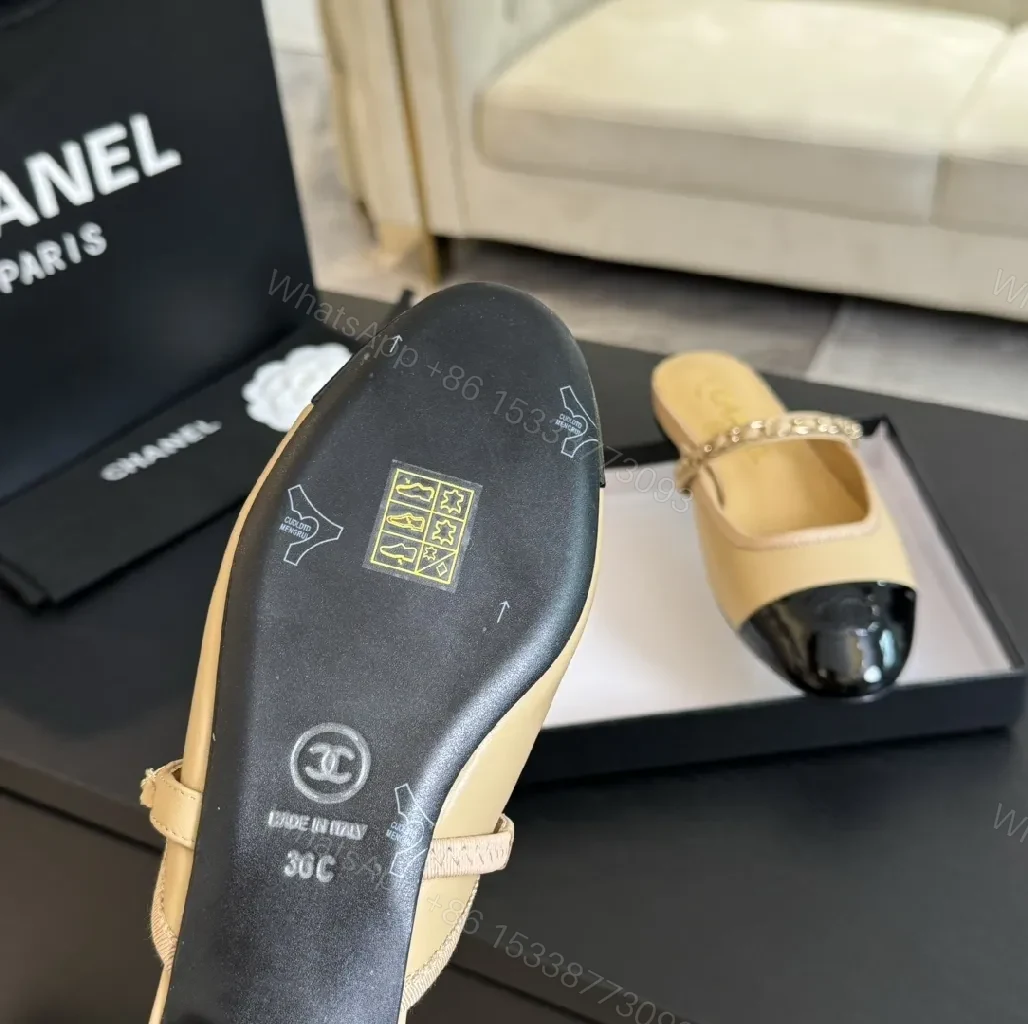 View 8 of Two-Tone Leather Slide with Chain Detail, Luxury Style