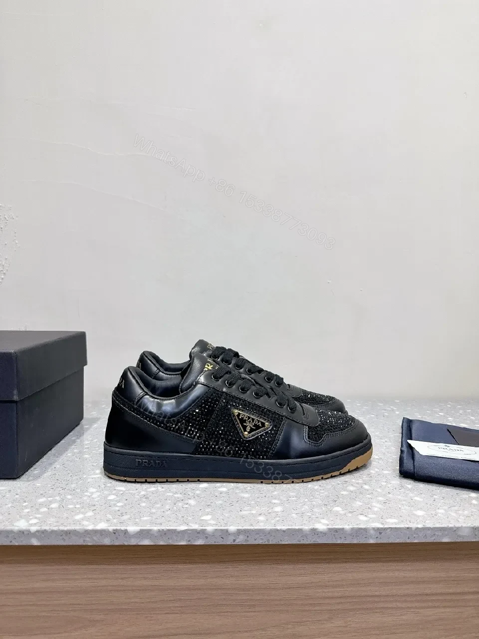 View 6 of Black Leather Grid-Textured Luxury Sneakers with All-Day Comfort