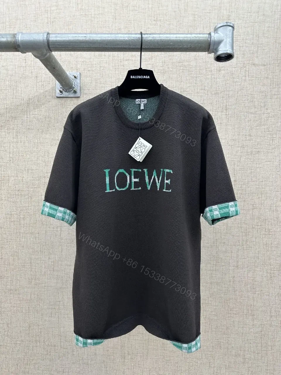 Green Plaid-Trim LOEWE-Influenced Hoodie Tee — view 1