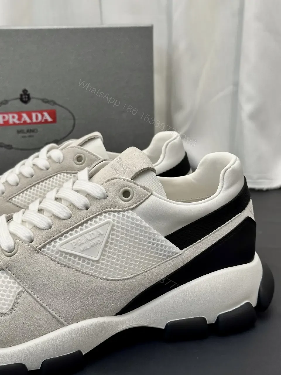 View 5 of Beige Leather Mesh Runner Sneaker with Black Accent, Prada Style