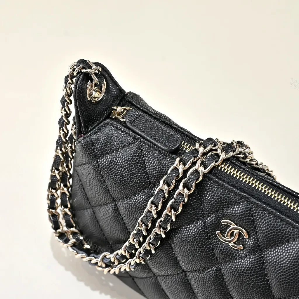 View 7 of Black Quilted Crossbody with Chain, Luxury Compact Bag