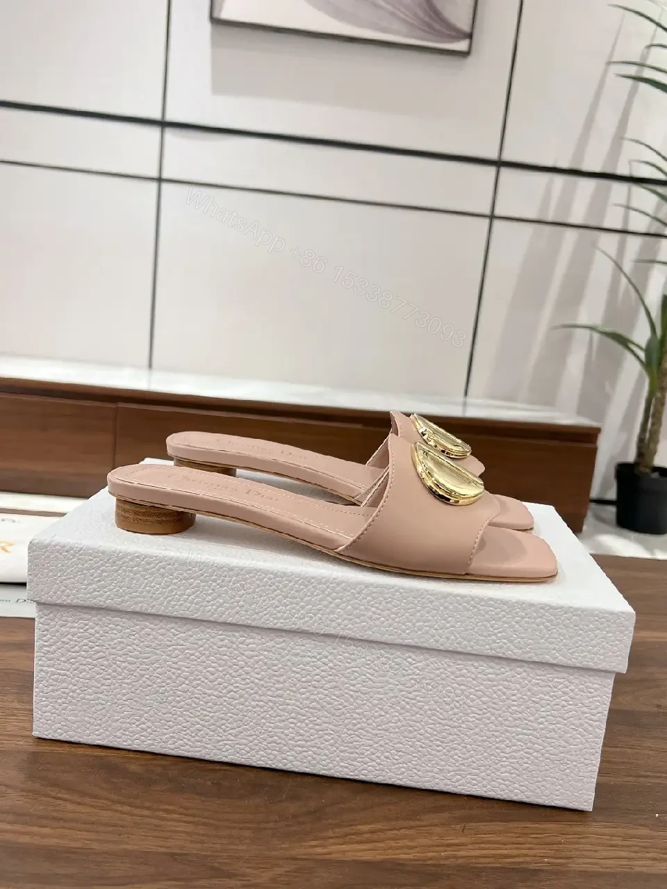 View 9 of Blush Pink Leather Modern Gold Logo Dior Slides