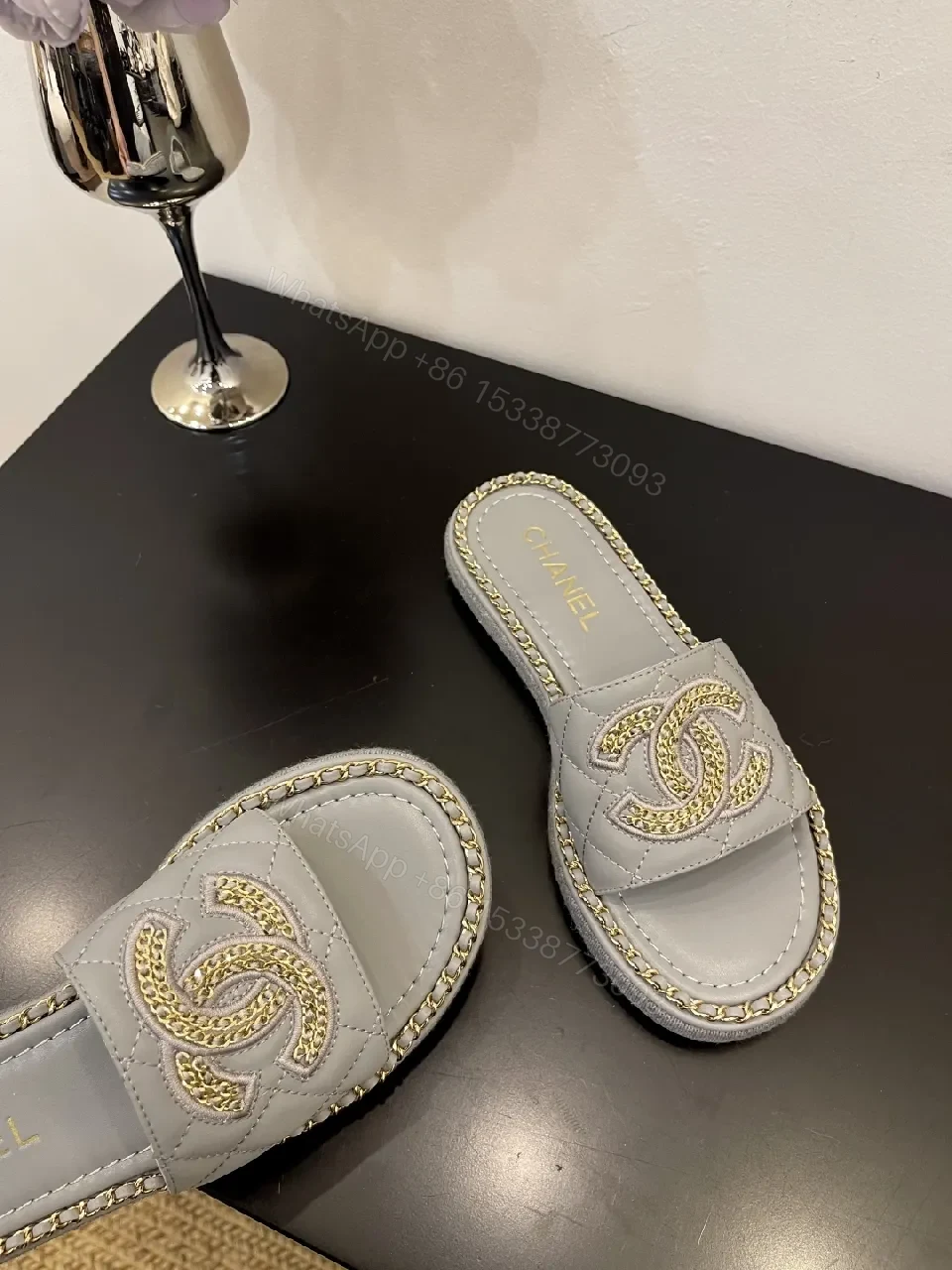 View 3 of Grey Leatherette Embellished Slide — Luxe, Cushioned, Slip-On
