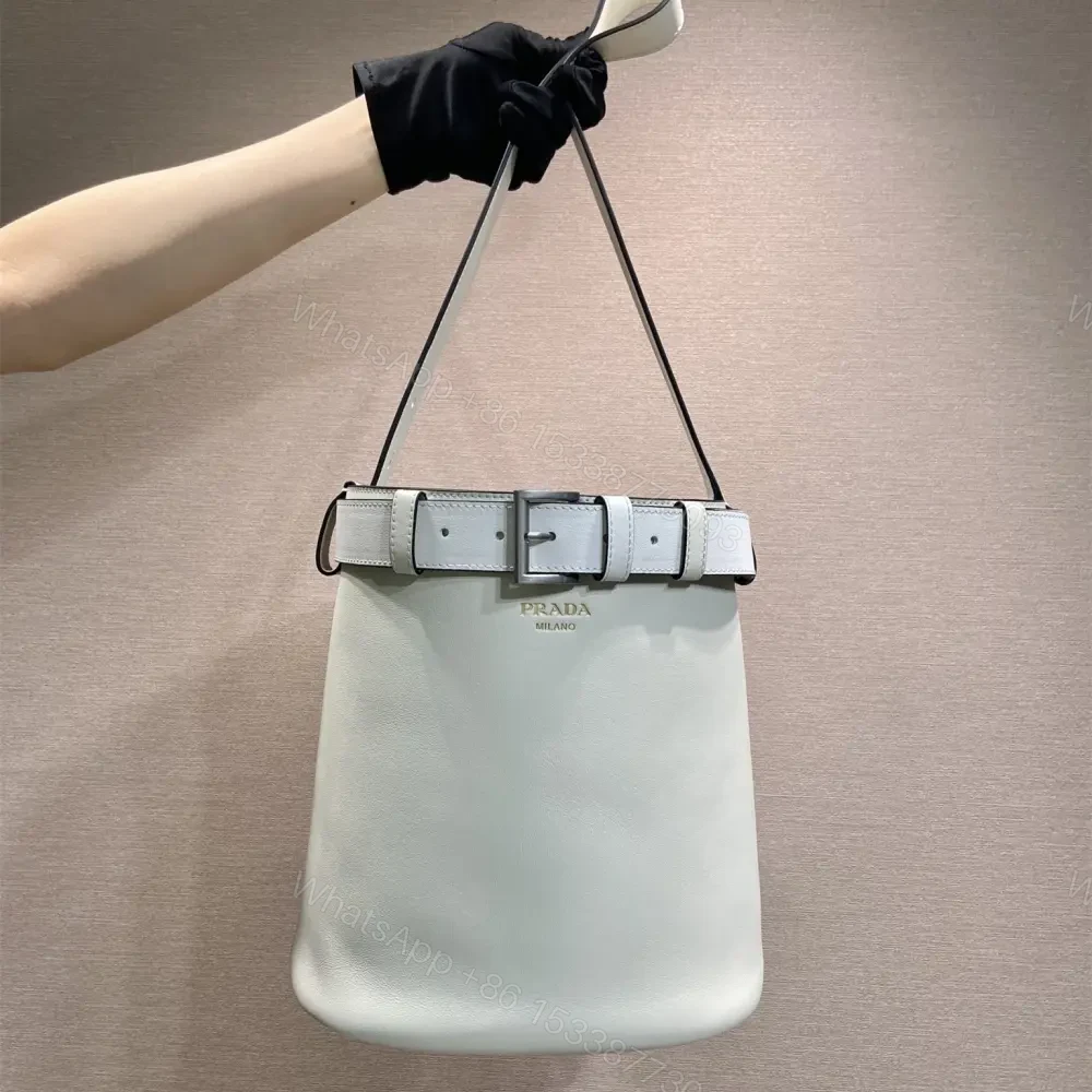 View 10 of 高仿Prada*Buckle系列1BE085小牛皮水桶包白色免檢版