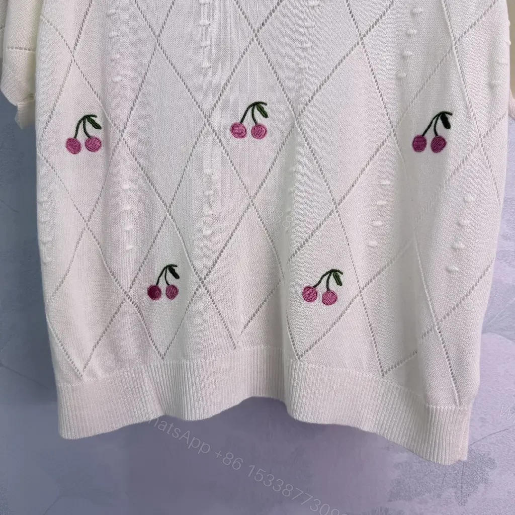 View 5 of Cream/Light Heather Knit V-Neck Cropped Argyle Diamond Top