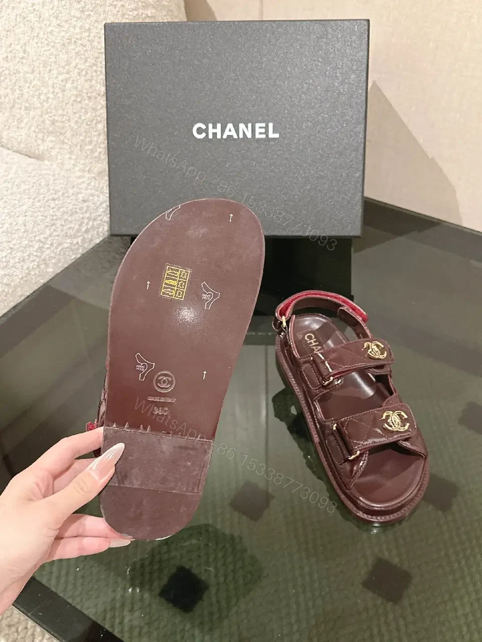 View 8 of Velvet Burgundy Sandals with Gold Hardware, Luxe Style