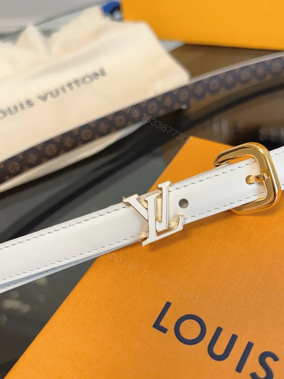 View 9 of Ivory Leather Belt with Gold Hardware – Classic Luxe Belt