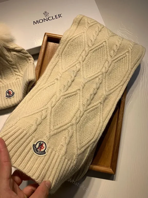View 9 of Ivory Wool-Blend Moncler Beanie & Scarf Set, Cable Knit