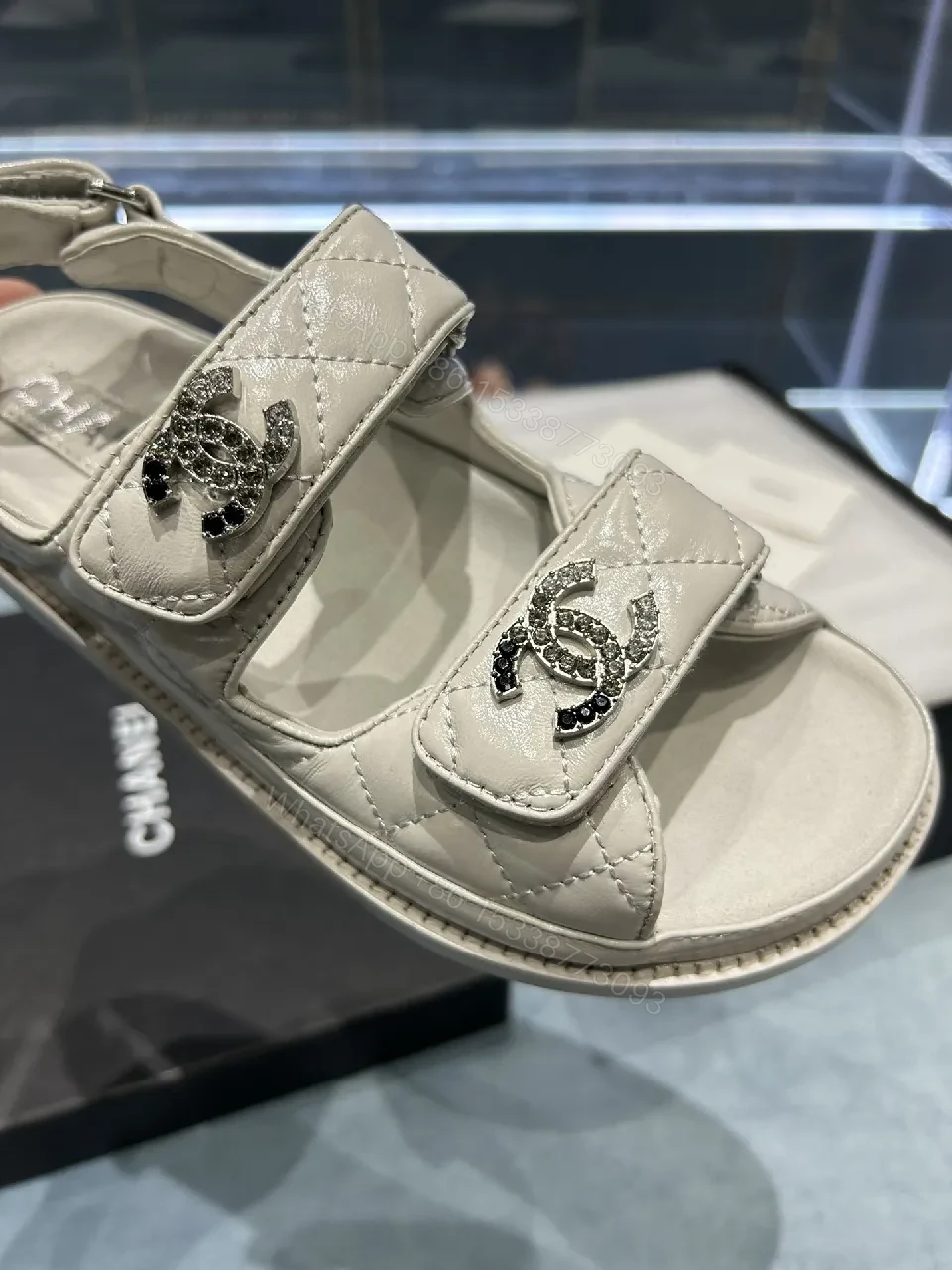 View 4 of White Quilted Leather Sandals with Crystal Accents - Lux Comfortable Sandals
