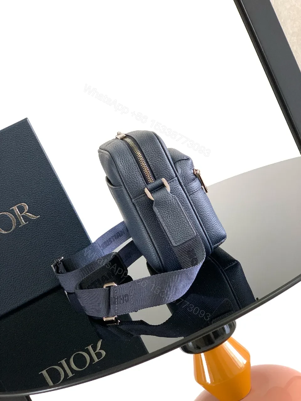 View 4 of Navy Leather Compact Messenger Bag: Mini Dior-Influenced Style
