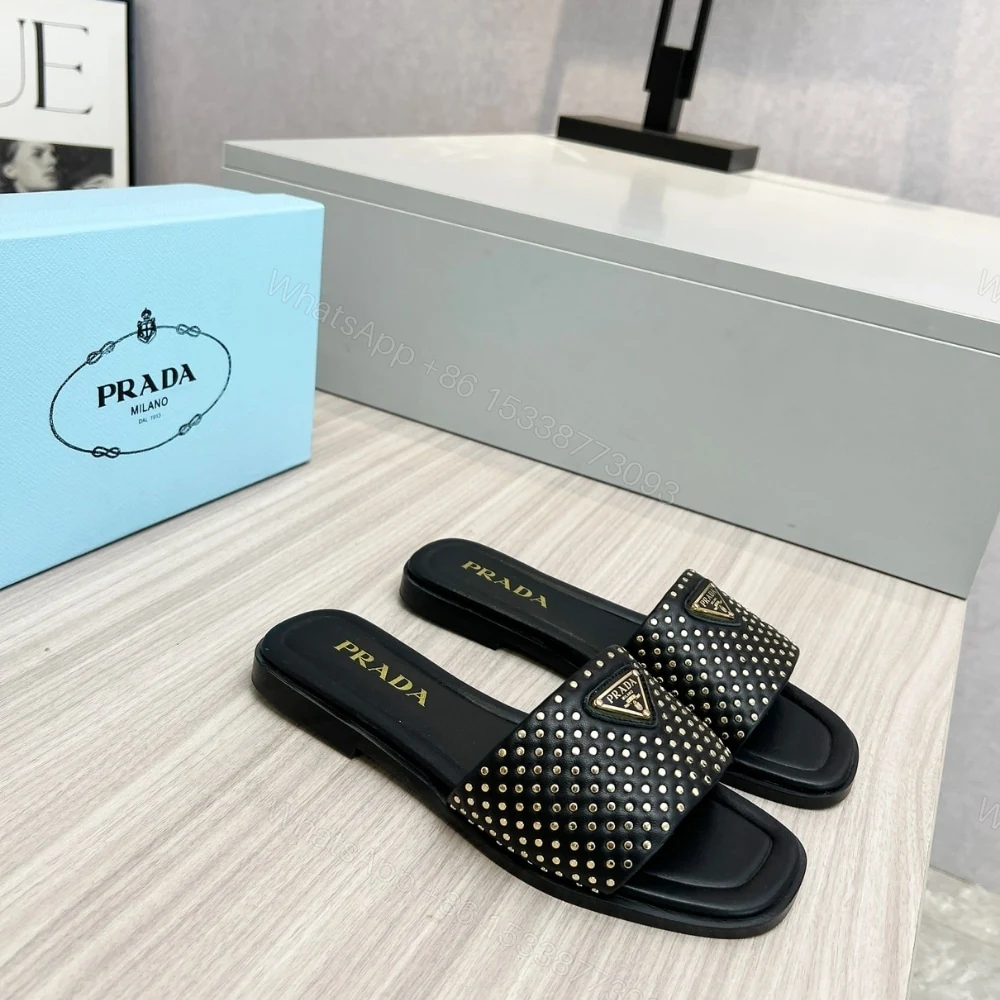 View 2 of PRADA NAPPA LEATHER SLIDES WITH STUDS BLACK 1XX760 ZHP F0002 F 010