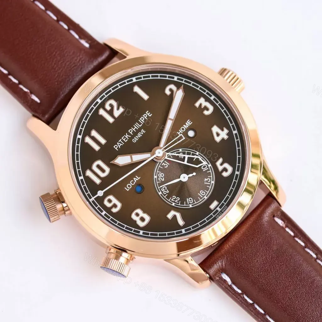 View 2 of Patek Philippe Calatrava Pilot Travel Time Watch Rose Gold with Brown Leather Strap Dual Time Zone Function Ref. 5524