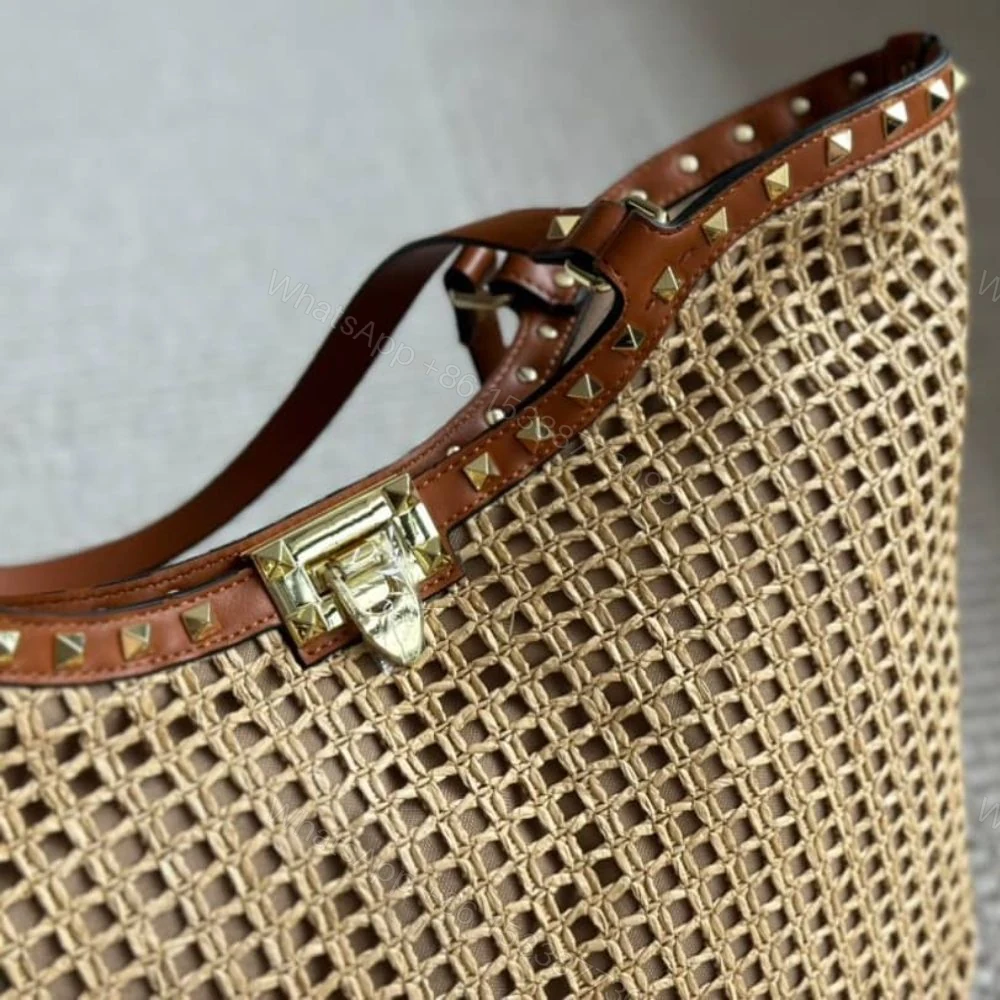 View 5 of Valentino Garavani Rockstud Raffia Tote Bag Brown 31cm