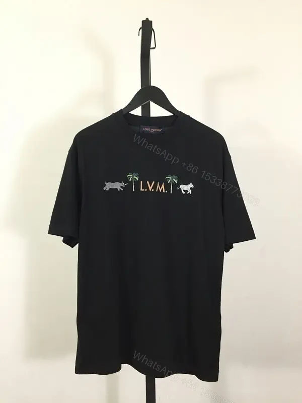 Black Cotton Blend Palm Monogram Tee - Elevated Casual Staple — view 1