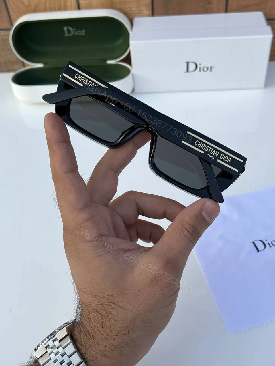 View 4 of First Copy Dior Black Rectangular Sunglasses Premium Unisex UV Protection