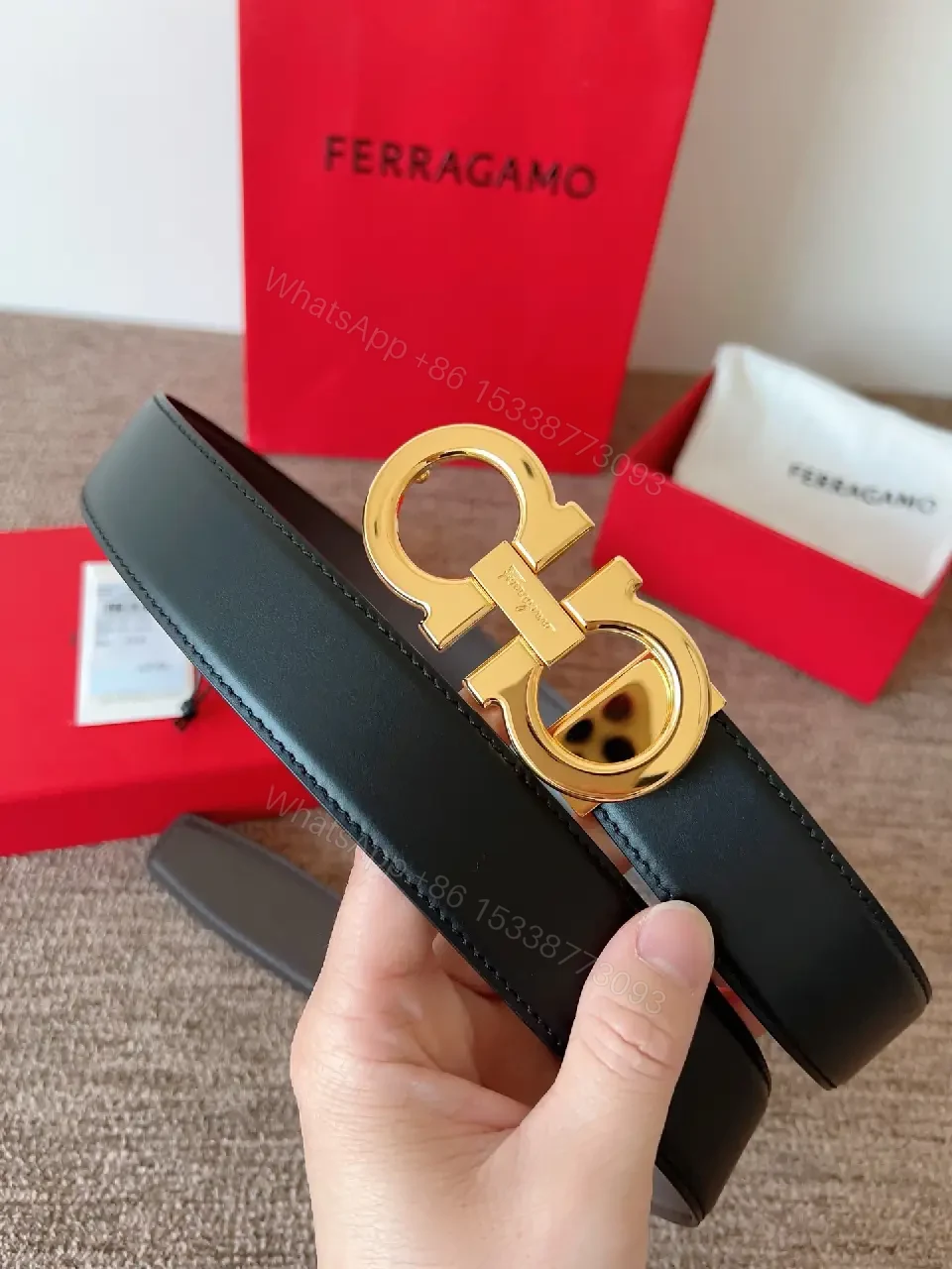 View 6 of Elegant Black Leather Belt with Gold Hardware
