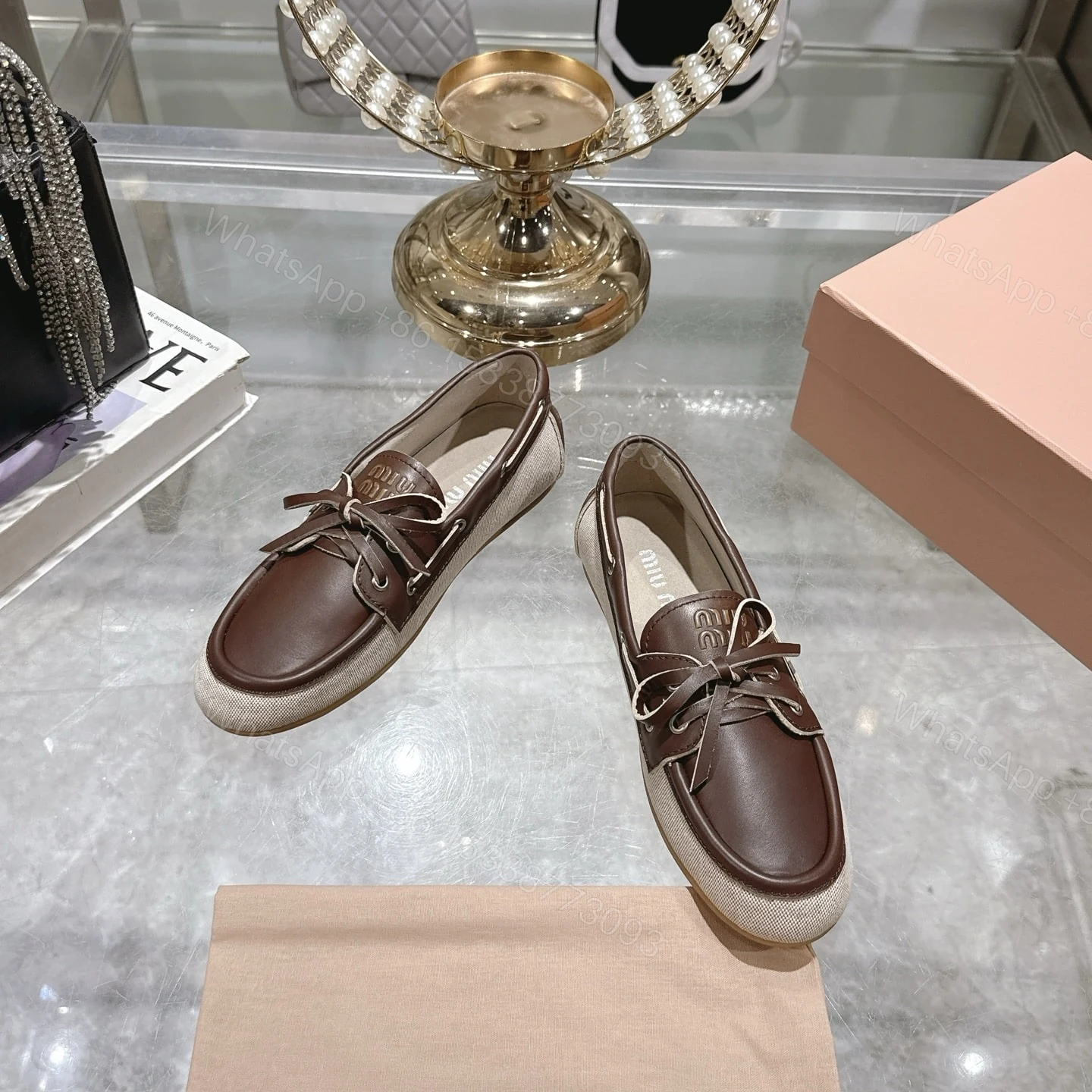 View 4 of MIUMIU CANVAS AND BLEACHED LEATHER BOAT SHOES BEIGE