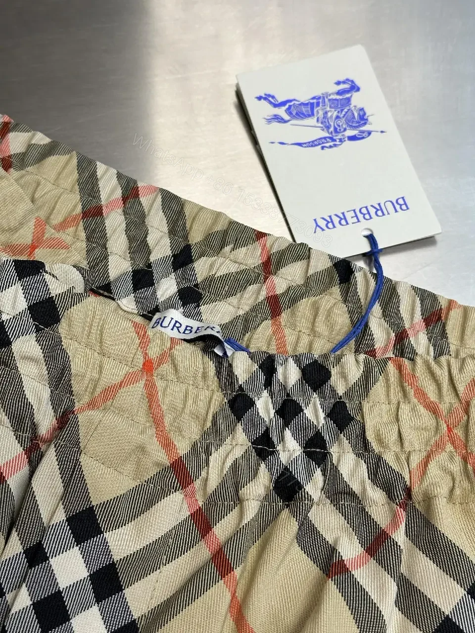 View 4 of Beige Burberry-Style Cotton Plaid Shorts with Drawstring Elastic Waist