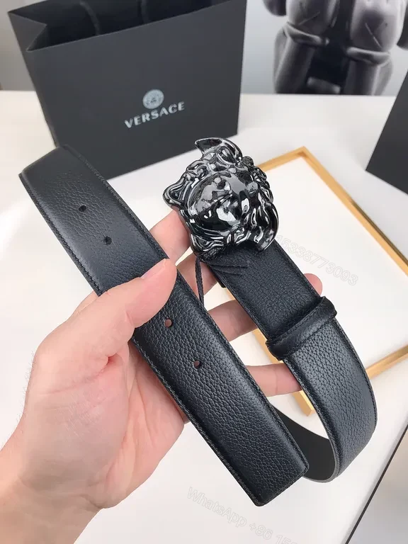 View 3 of Iconic Medusa Buckle Belt: Premium Black Leather, Versace Style