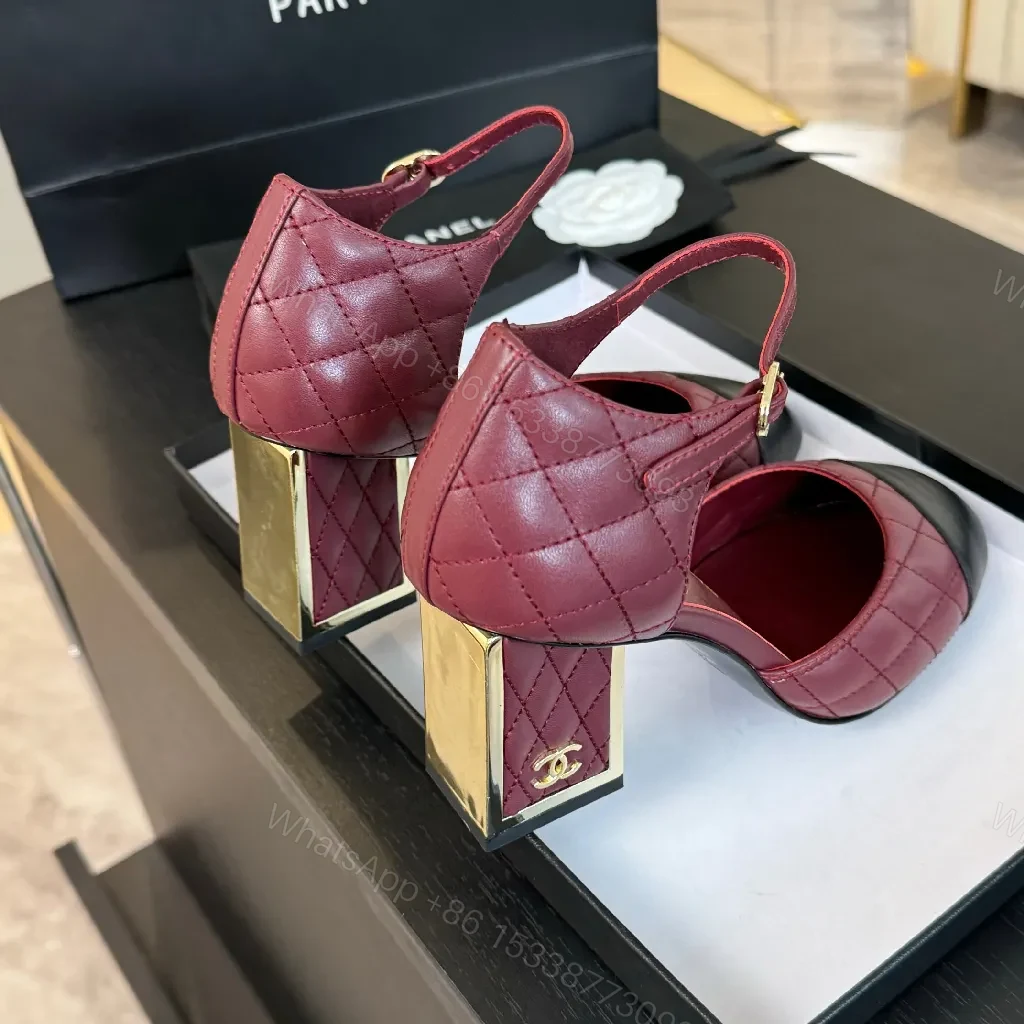 View 3 of Two-Tone Burgundy Quilted Mary Jane Heels with Black Cap Toe