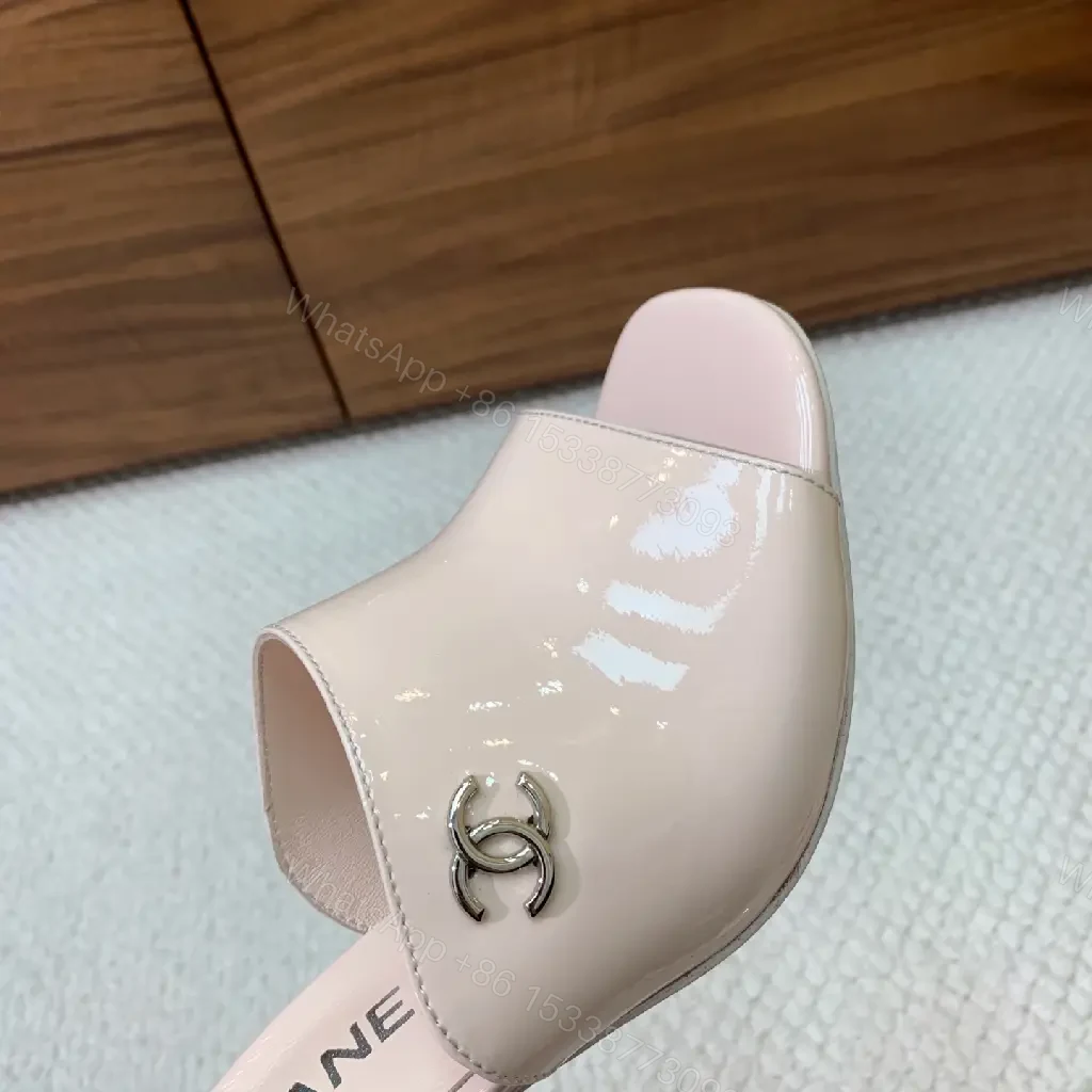 View 9 of Powder Pink Patent Slides with Iconic Twist, Mid-Heel Elevation