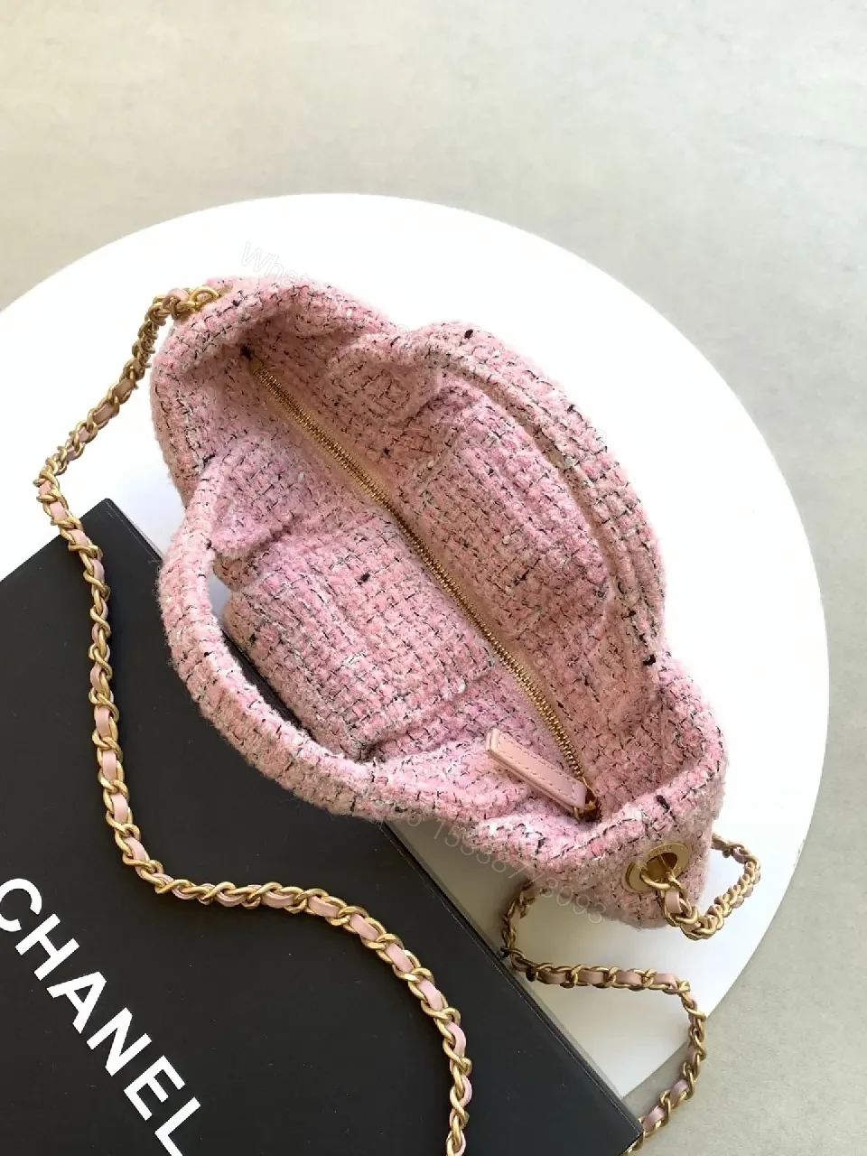 View 4 of Pink Tweed Bow Satchel, Gold Logo Clasp, Designer-Inspired Style