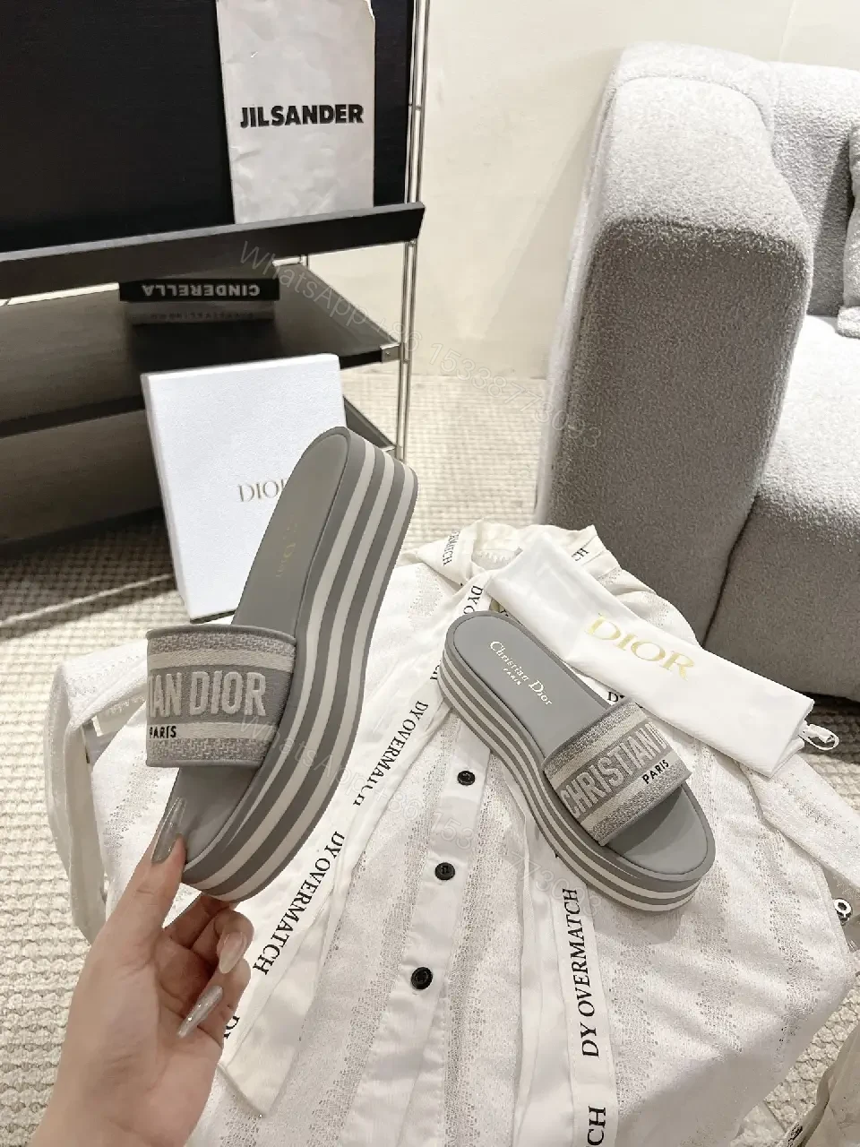 View 8 of Gray Dior Slides with Logo Strap Slippers
