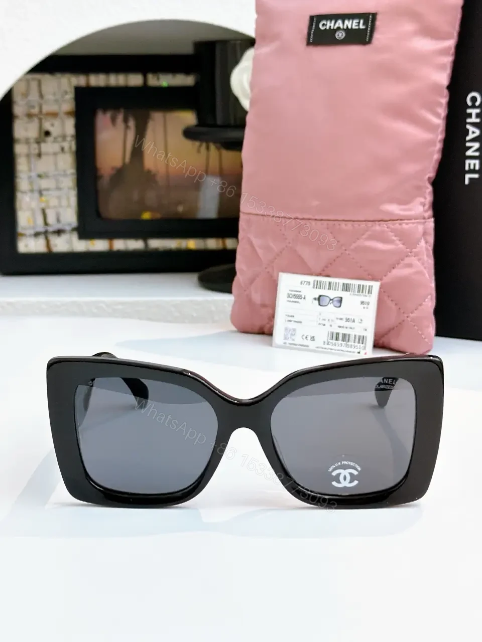 View 9 of Oversized Black Acetate Sunglasses with Gold Logo Details