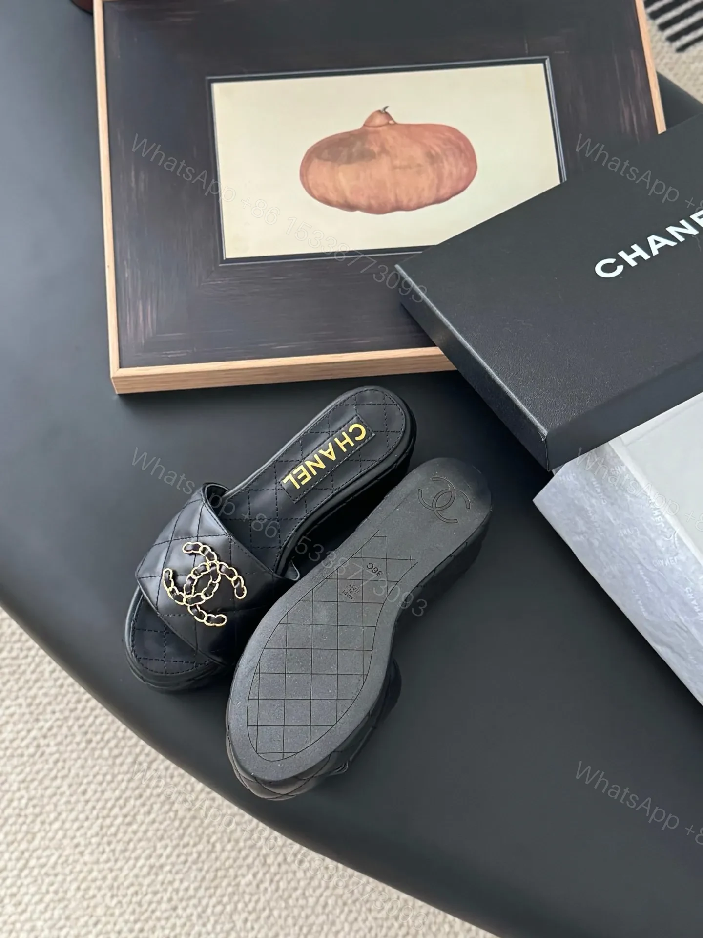 View 5 of Chanel Women Black Leather Quilted Slides