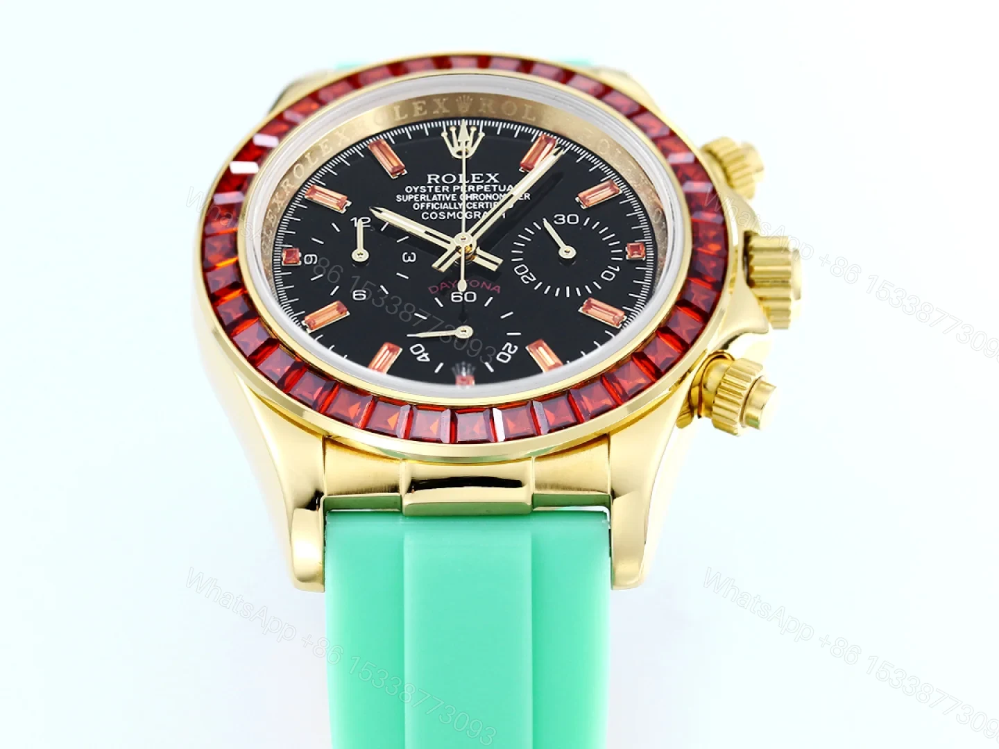 View 2 of Rolex Daytona Ruby Mint Strap Replica 43MM Exclusive Gold Case Edition RG-ROLEX-DAYTONA-RUBY-MINT-43