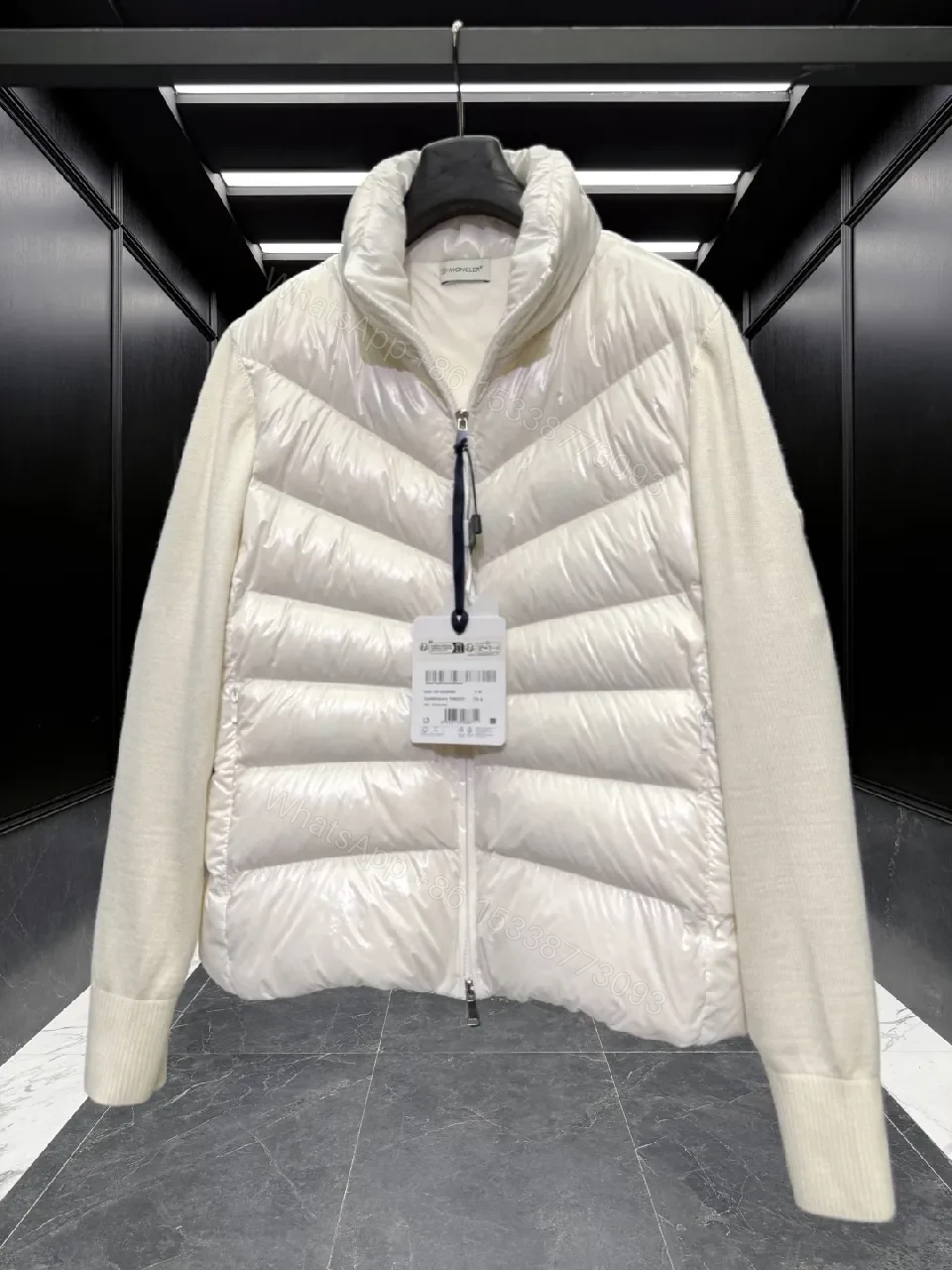 View 7 of Lightweight Off-White Puffer Jacket with Knit Sleeves Fusion