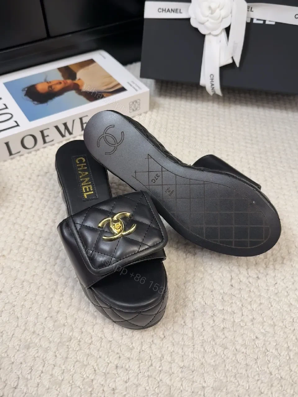 View 8 of Quilted Leather Slides with Gold Logo Sandals